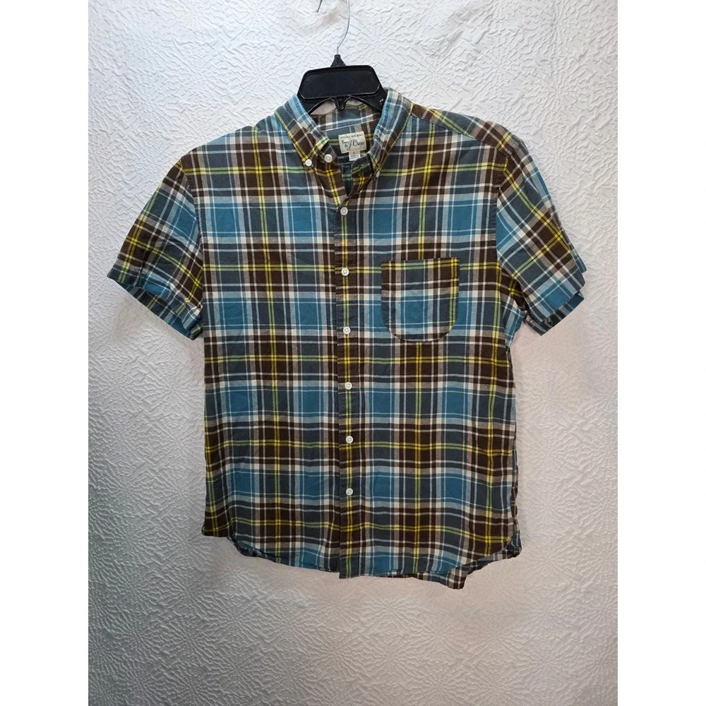 J. Crew Indian Madras Shirt Mens Large Blue Brown Plaid Good Short Sleeve Button